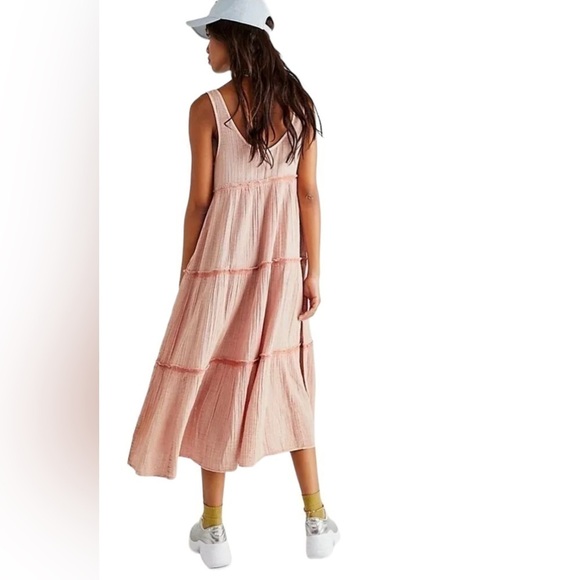 Free People Natalie Midi Maxi Dress Tier Ruffle Clay Shell Distress Gauzy - Picture 4 of 11
